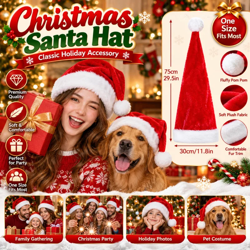Christmas Hat Red Velvet Long Christmas Hat, Plush Xmas Cap For Adults & Kids, Party Fancy Dress Cosplay Headwear, Holiday Gift