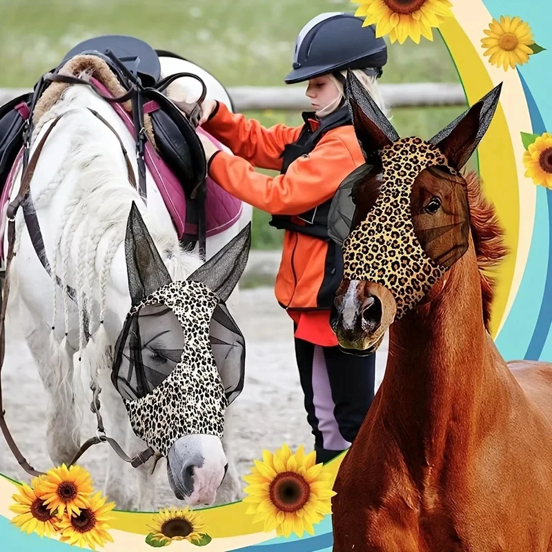 1pcs Leopard Print Horse Fly Masks with Ears - Comfortable, Elastic & Durable Riding Gear for Horses view 5