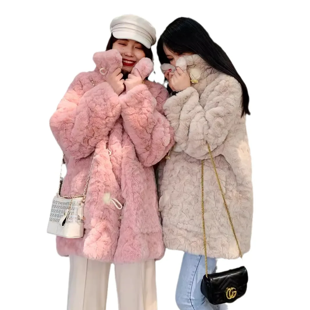 Winter large size imitation Rex rabbit fur coat medium and long women's coat 2024 new horn button plush top