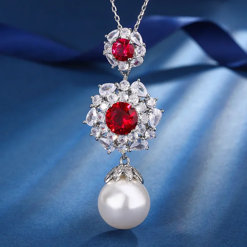 S925 Silver Plated 18K Gold Plated PT950 Platinum Red Corundum Round Temperament Light Luxury Set Women's 10mm7m Jewelry