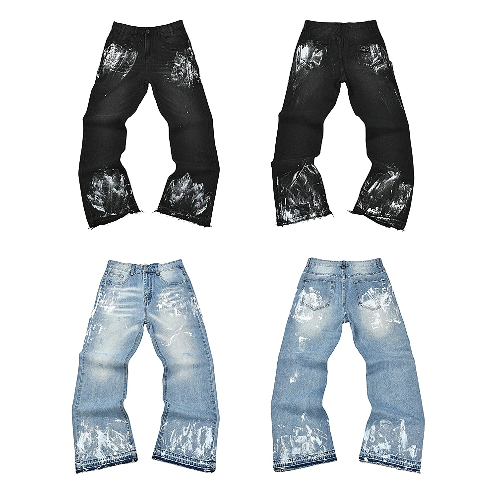 

Ретро американские широкие повседневные джинсы fiti Dye, свободные мужские и женские длинные брюки прямого кроя, модные молодежные длинные брюки на молнии