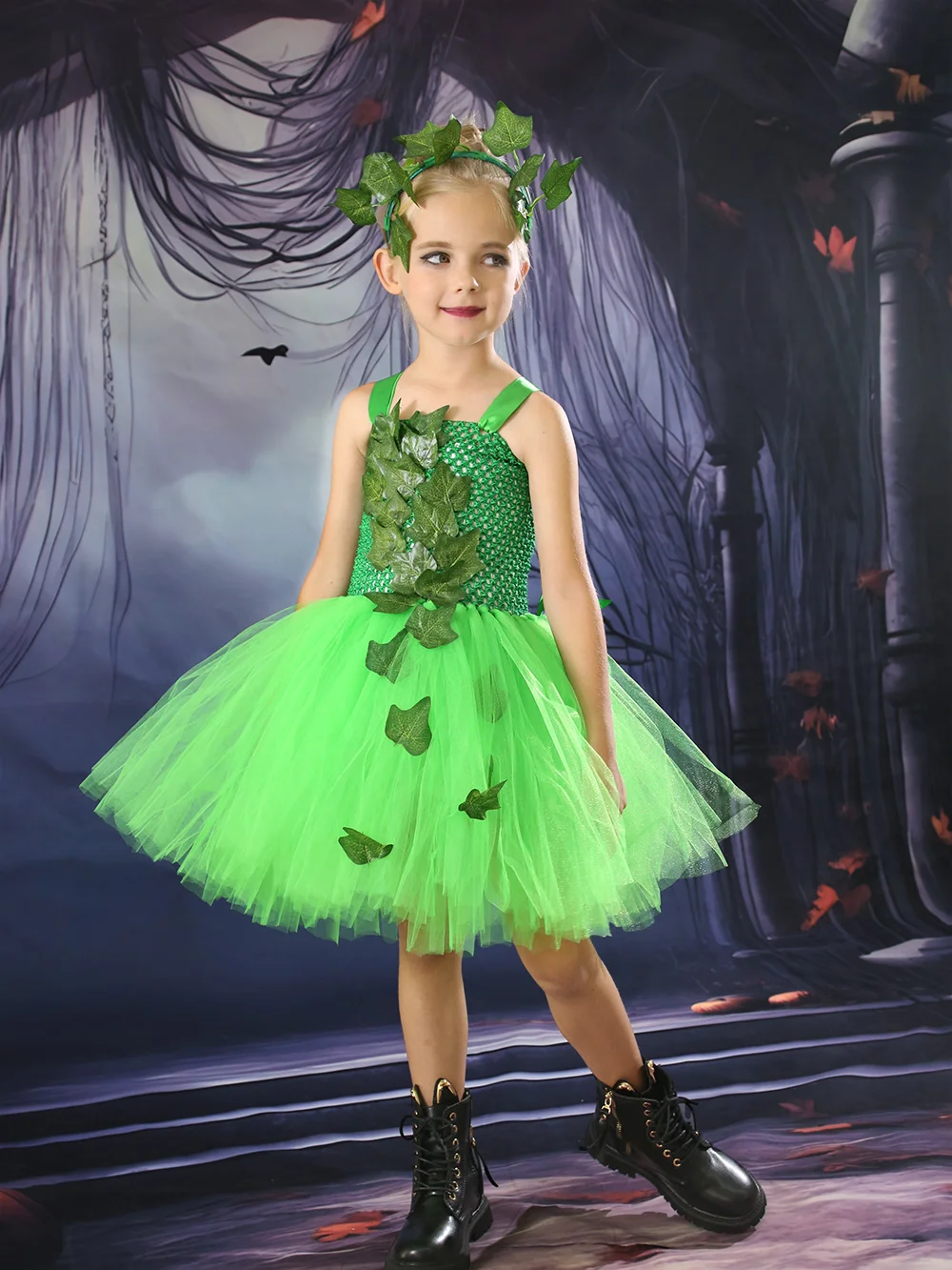 Children Posion Ivy Costume Tutu Dress with Headband Kids Halloween Costume Girls Tulle Dress Carnival Woodland Villain Costumes