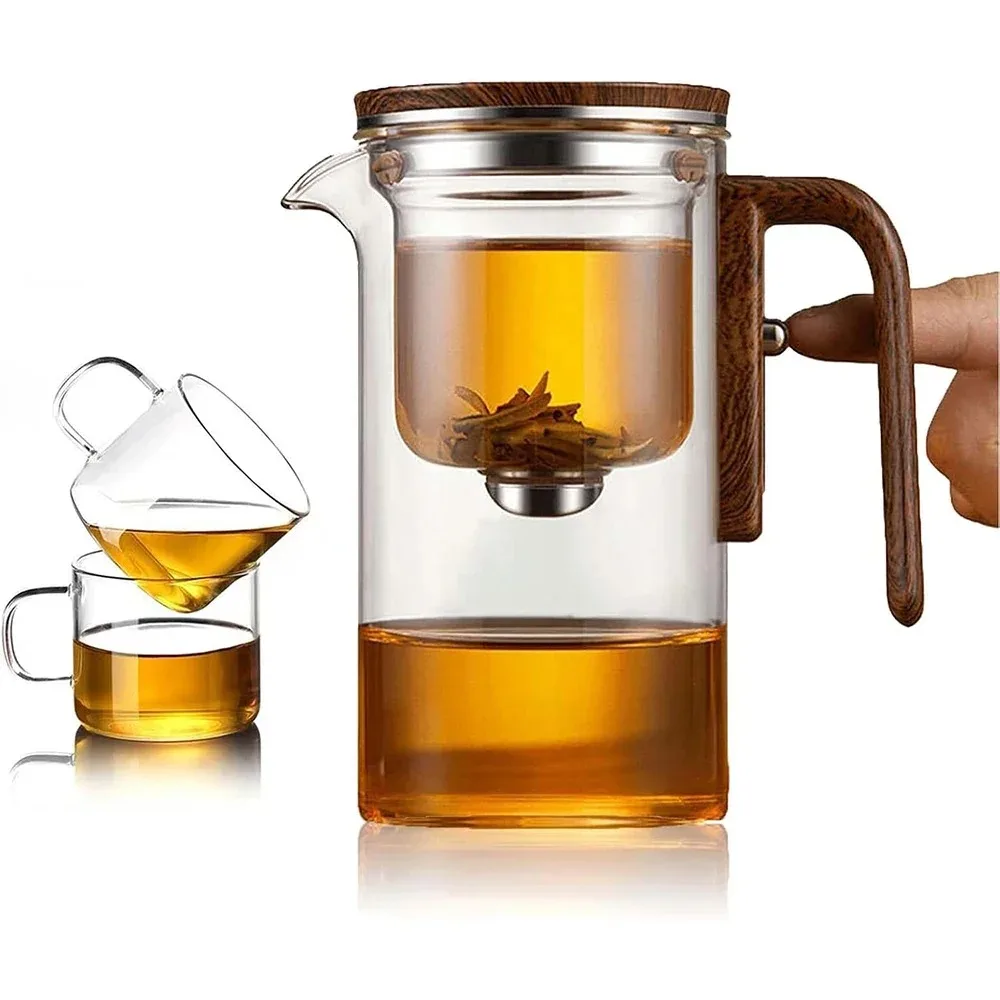 

600ML Tea Pot Glass Kettle Teapot with Wooden Handle One Click Switch Tea Filtration Teapots Puer Tea Cup Set