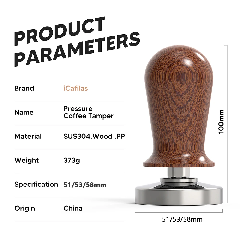 iCafilas 51/53/58mm Espresso Coffee Tamper Flat Base Distributor Tamper for Portafilters Home Barista Tools Wooden Handle