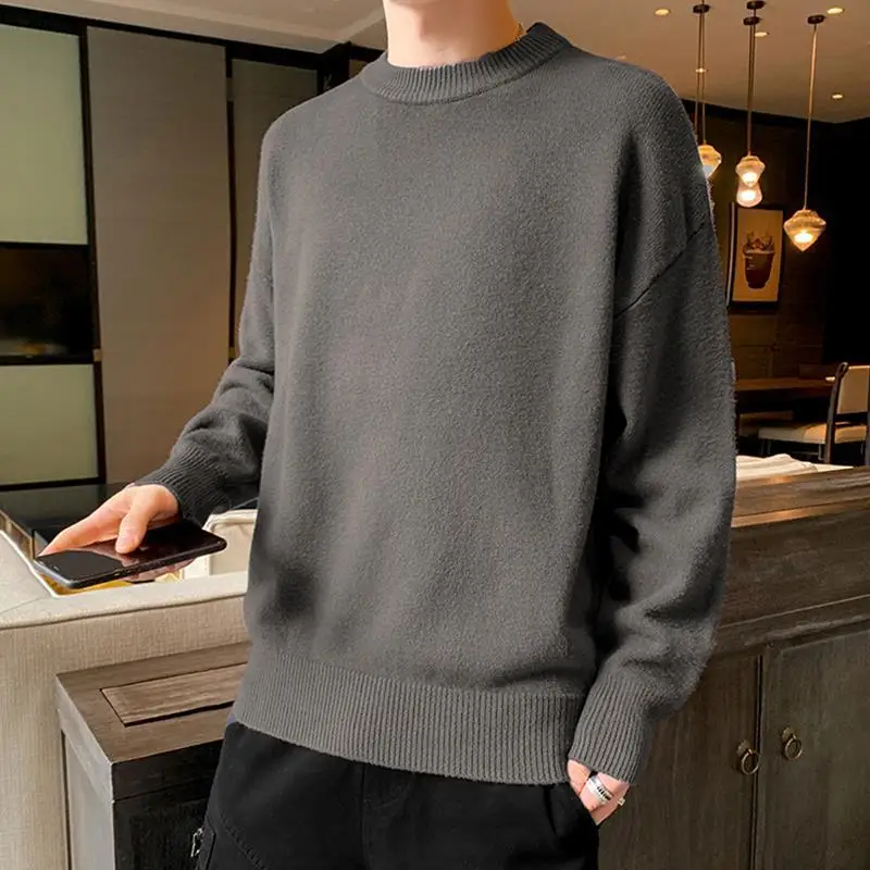 

Зимний мужской вязаный свитер с круглым вырезом, свободный однотонный пуловер, футболки, теплая нижняя рубашка, универсальная одежда с длинными рукавами
