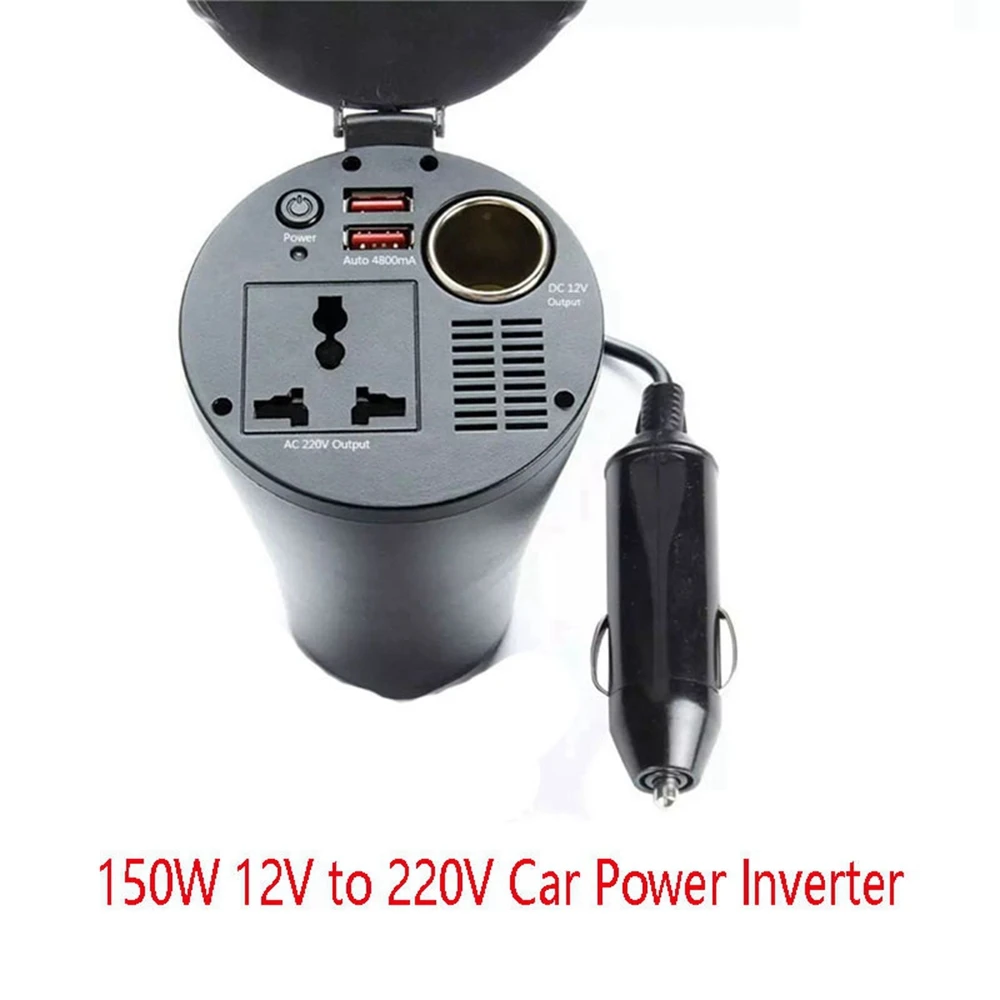 

150W 12V to 220V Car Power Inverter Cup Holder with AC Outlets and 4.8A Dual USB Charging Ports Car Adapter