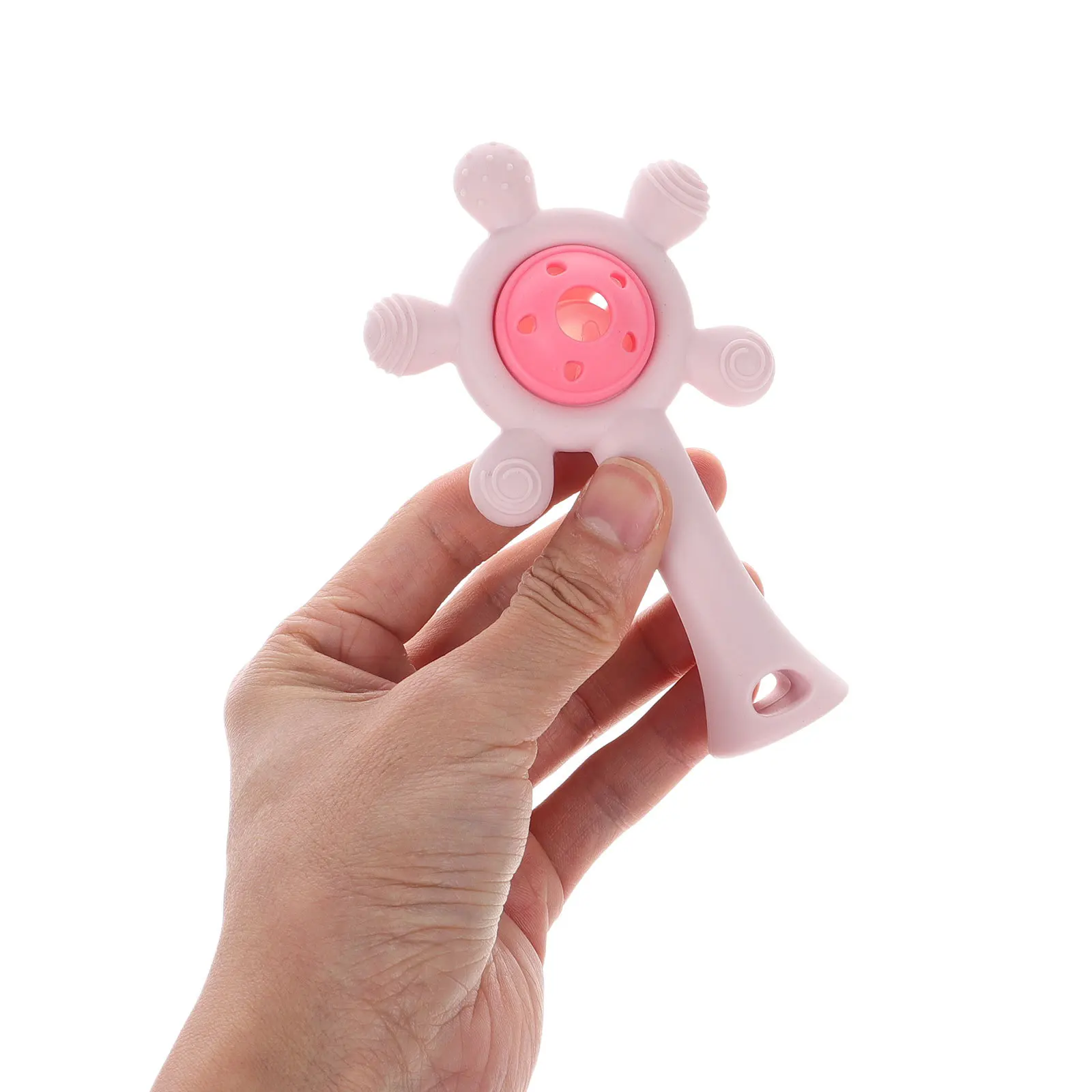 ยางกัดซิลิโคนรูปชิงช้าสวรรค์สีชมพู สำหรับบรรเทาอาการคันเหงือก ของเล่นเขย่ามือสำหรับเด็กทารก ช่วยพัฒนาการนอนหลับ ของเล่นเด็กกัดเล่น