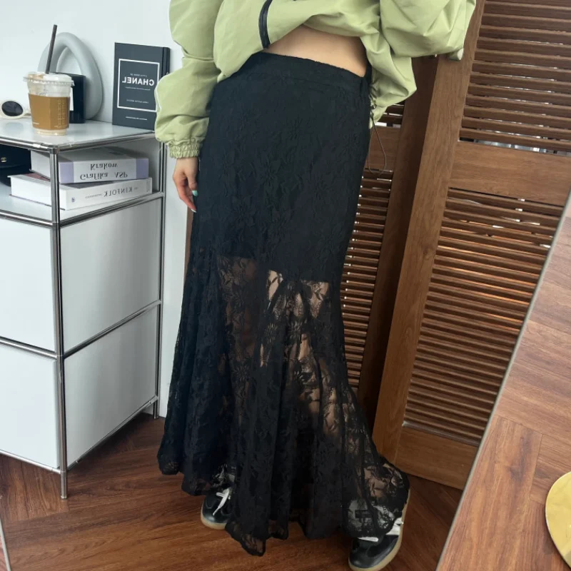 Korean Style Chic Summer New Romantic Lace Half Transparent Light Fish Tail Half Skirt Women's High Waist Embroidered Skirt