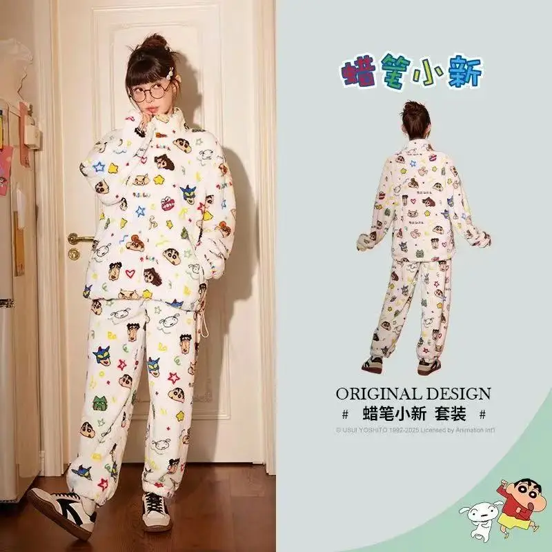 

In Stock Crayon Shin Chan Pajamas Autumn And Winter Thick Anti-Static Coral Fleece Home Suit Set Gift CartoonBirthday Gifts