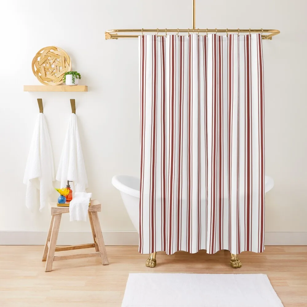 

Vintage New England Shaker Barn Red Milk Paint Mattress Ticking Vertical Wide Striped Shower Curtain