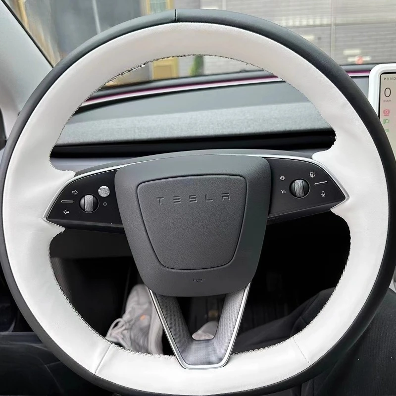 Hand-Stitched Non-Slip Wear Resistant Black White Genuine Leather Car Steering Wheel Cover For Tesla New Model 3 Highland 2024