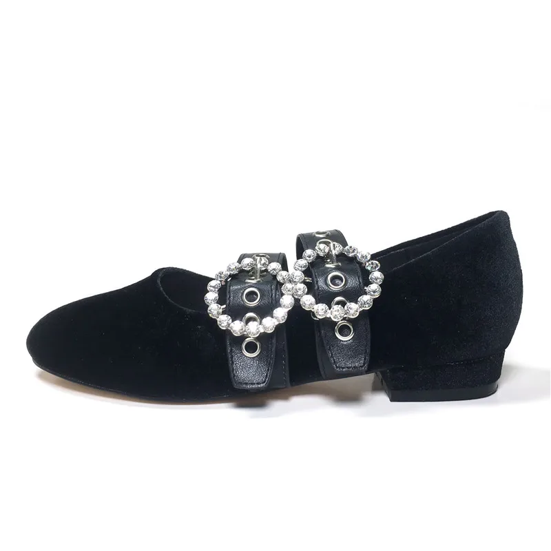 

Suede Rhinestone Buckle Ballet Shoes Shallow Round Toe Flat Bottom Mary Jane Women Inner Height Loafers Zapatos Mujer Chaussure