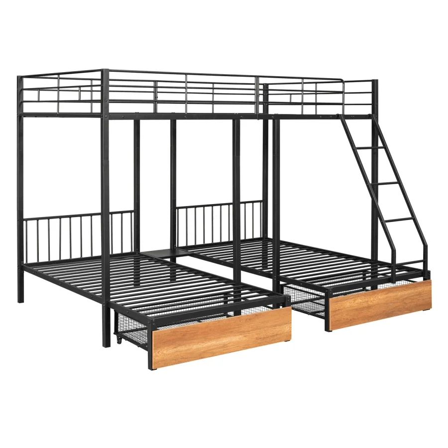 Full Over Twin & Twin Bunk Bed, Metal Triple Bunk Bed with Drawers and Guardrails