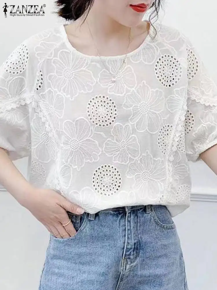 ZANZEA Fashion Summer Lace Crochet Blouse Women Elegant O Neck Short Sleeve Shirt Casual Holiday Party Blusas Loose Tops Tunic