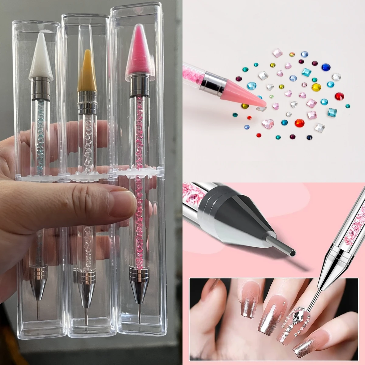 1PC Dual Heads Acrylic Metal Dotting Wax Pen Nail Brush Rhinestones Crystal Picking Nail Studs Dotter DIY Point Drill Nail Tools