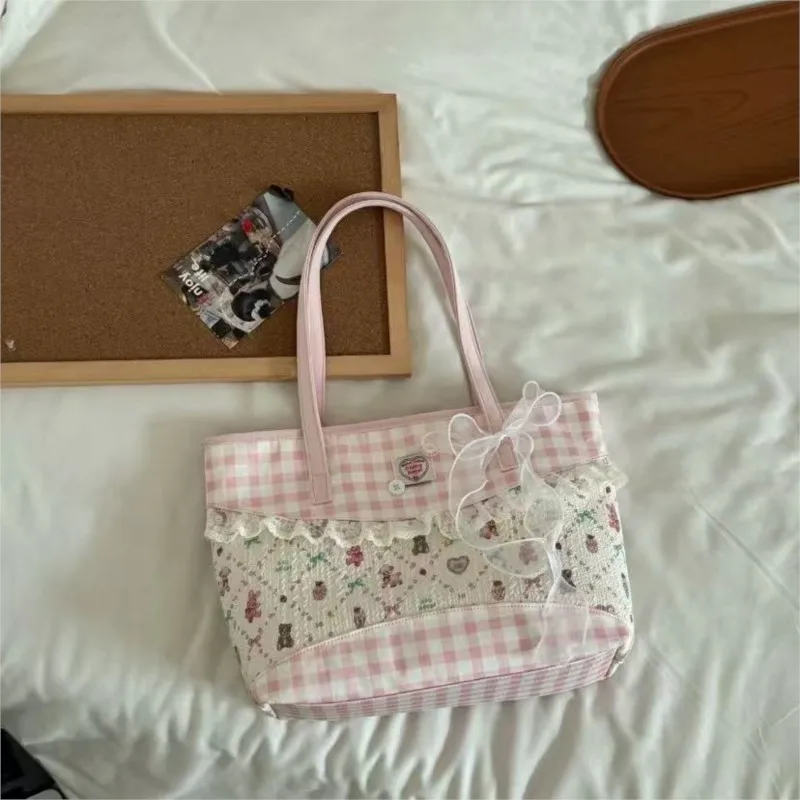 JIAERDI Sweet Cute Pink Plaid Tote Bag Women Harajuku Romantic Lace Detail Shoulder Bags Female Large Capacity Casual  Handbag