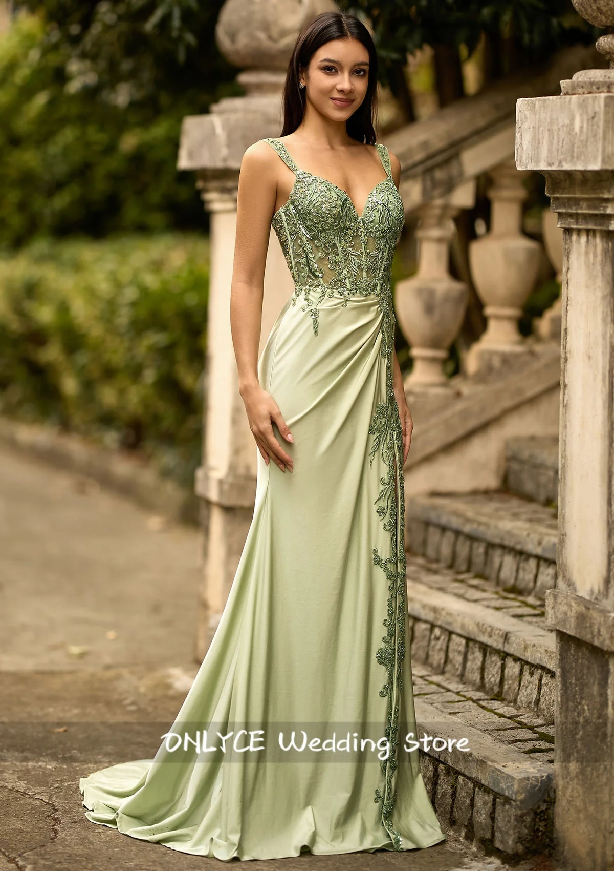 

Mint Green Sheath V-neck Corset Appliques Beads Prom Dress Birthday Party Special Occasion Party Gown Customized