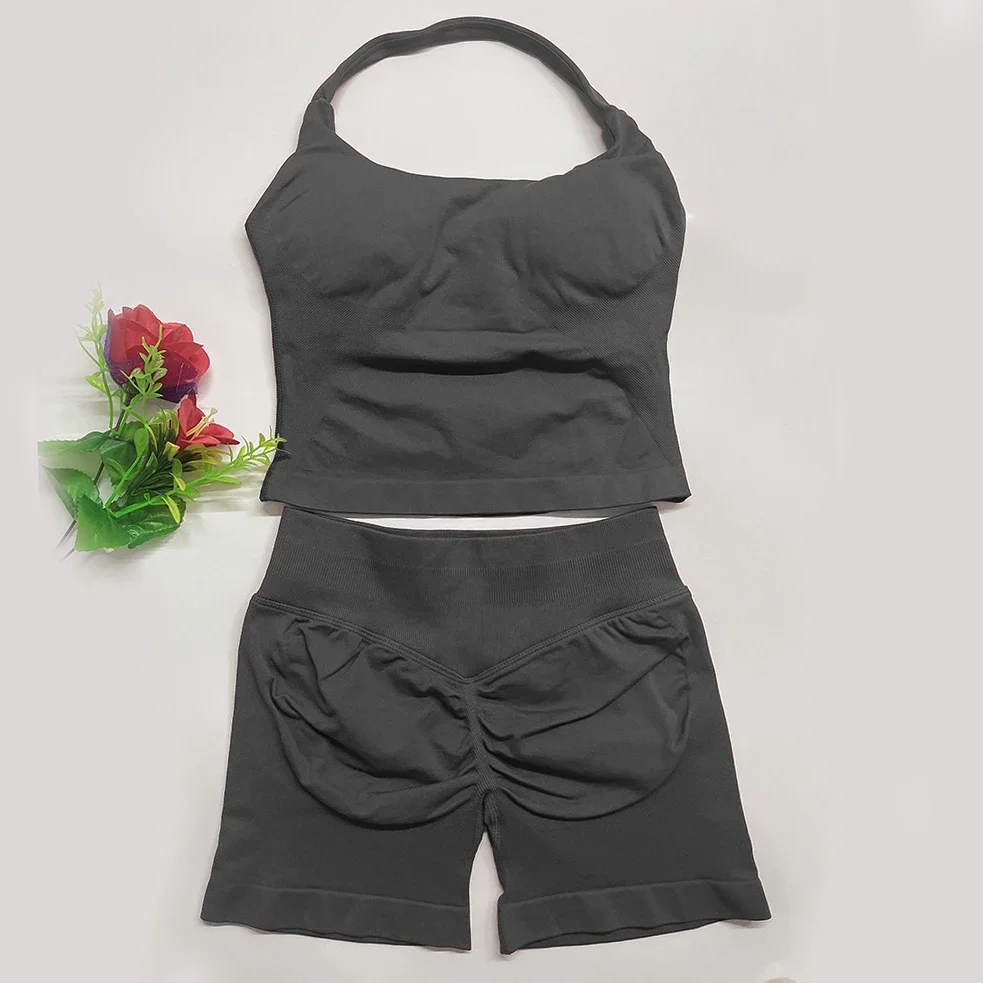 Yoga outfits Dames 2-delig DF Sports Impact Set halternek rugloze haltertop naadloze scrunch shorts gym workout sportpakken