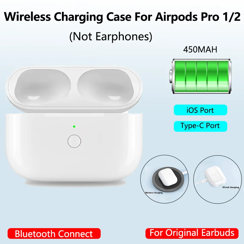 Replacement Wireless Charging Case For Airpods Pro 1/2 Earphones Charger Case 450mAh Battery Airpods Pro 1/2 Bluetooth Pairing