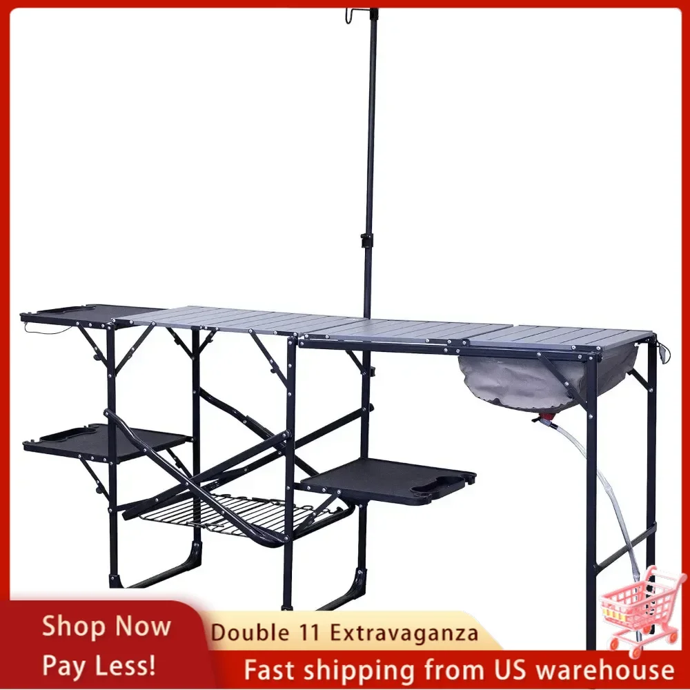 Outdoor Tables，Master Cook Station | Portable Folding Kitchen Table with Soft Shell Sink, Heat Resistant Tabletop