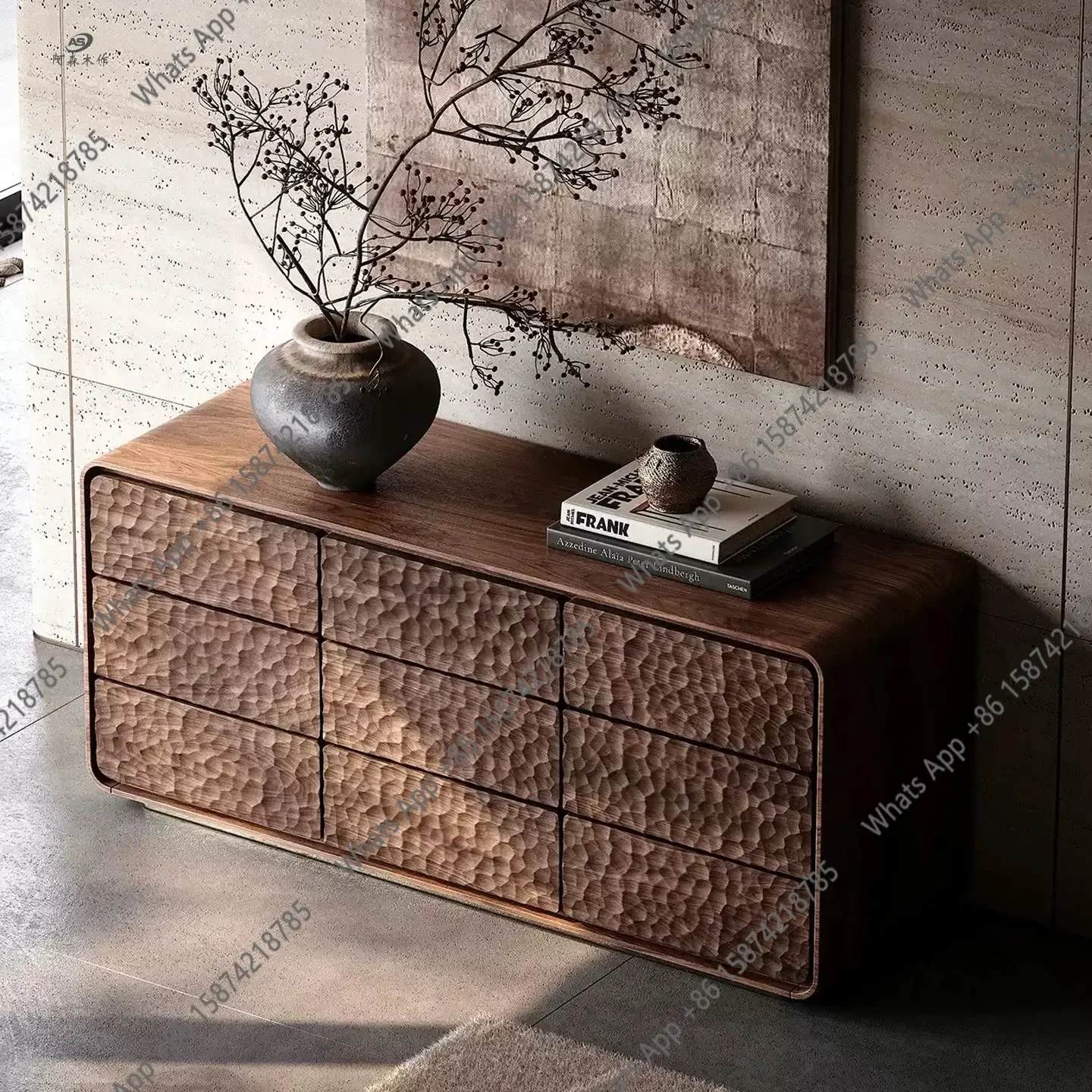 25 North American Black Walnut Chest Of Drawers New Chinese Stone Pattern Art Carved Storage Cabinet Living Room Wall-to-wall