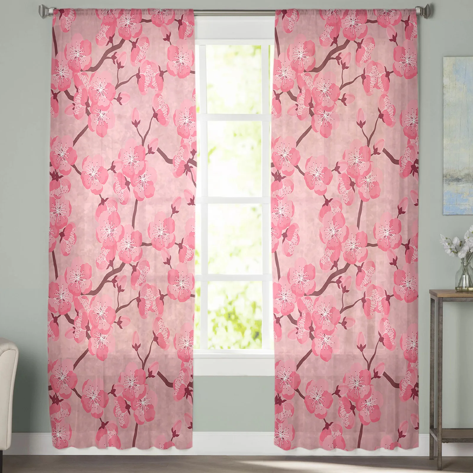 Japanese Abstract Cherry Blossom Sheer Curtain for Living Room Bedroom Voile Drape Kitchen Window Tulle Curtains Home Essentials