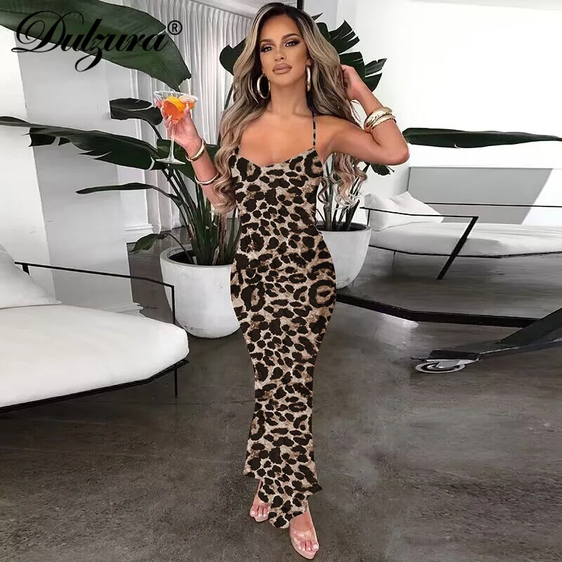 Dulzura 민소매 레오파드 캐미 맥시 드레스 백리스 레이스 업 섹시한 타이트 복장 파티 클럽 가을 겨울