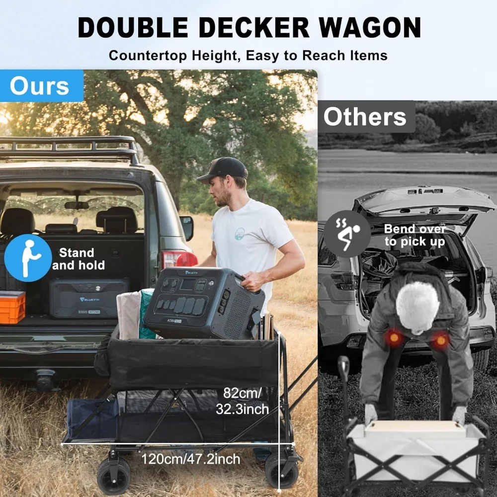 Folding Double Decker Wagon with 400L Capacity, 47 Length, Collapsible and Foldable for Outdoor Adventures