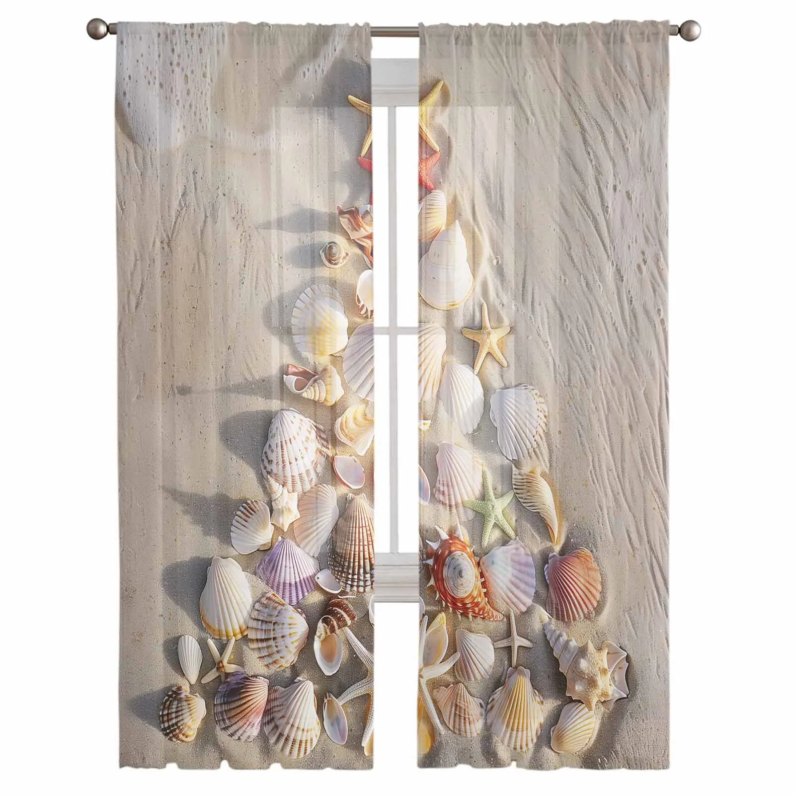 Christmas Tree Beach Shell Sea Star Conch Sheer Curtains For Living Room Window Transparent Voile Tulle Cortinas Drapes Home