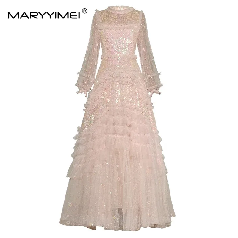 MARYYIMEI Fashion Autumn Winter Women\'s Ball Gown dress Long sleeved Mesh Sequin Tiered ruffles Elegant Party Maxi Dresses