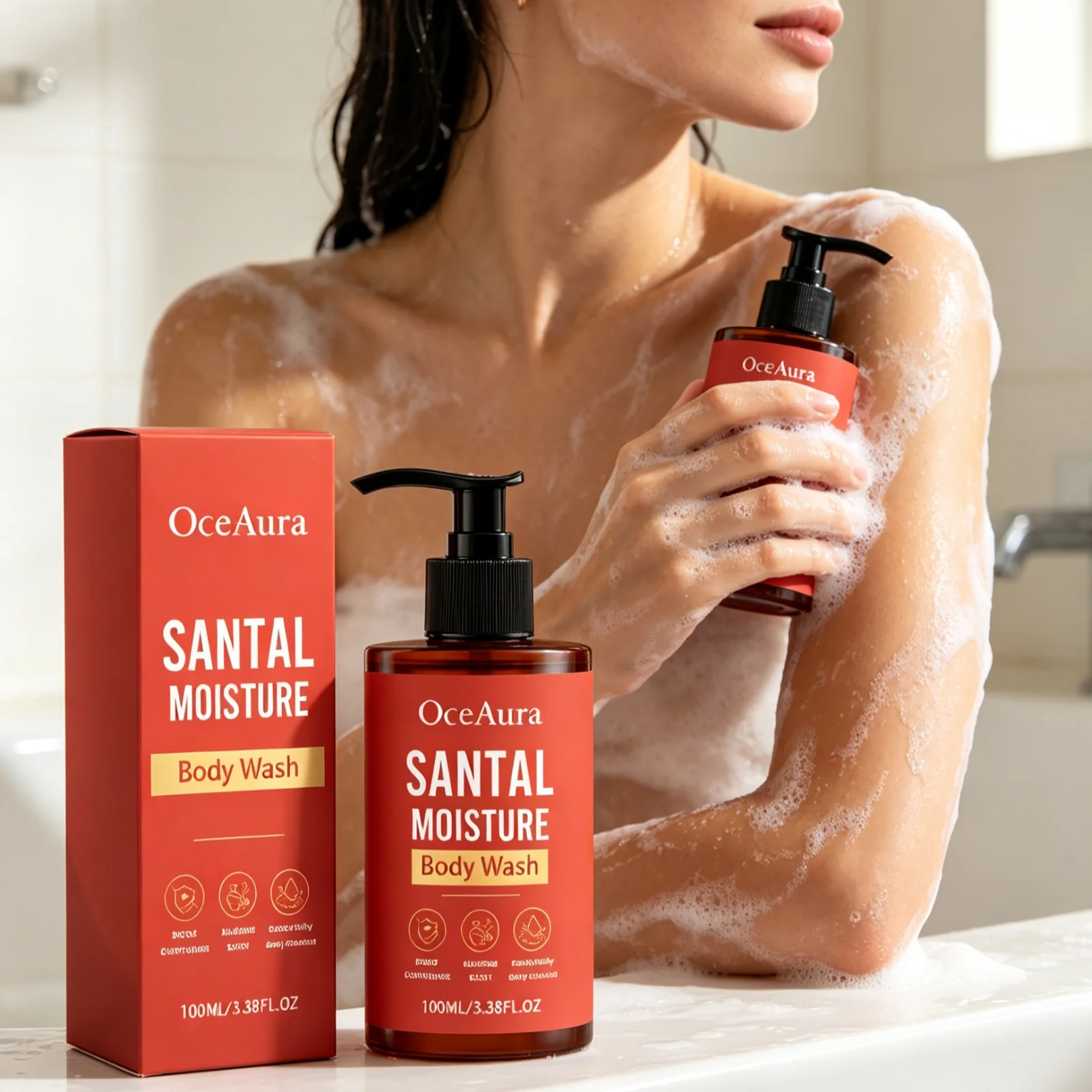 OceAura Sandalwood Body Wash Long Lasting Fragrance Improve Dry Skin Reduce Skin Discomfort Non Irritating Foam Body Cleanser