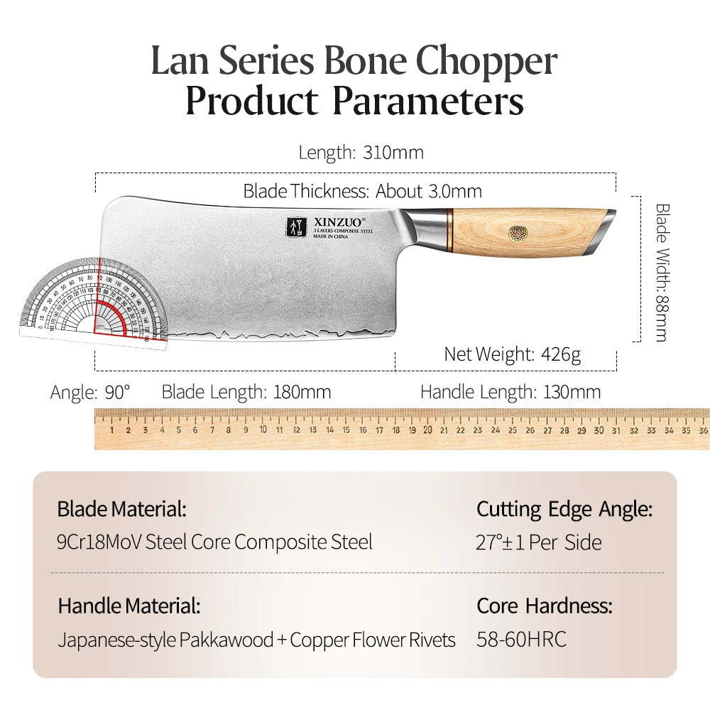 XINZUO 7 Inch Bone Chopper with Pakkawood Handle Customized 9Cr18CoMoV Steel Core Composite Steel Kitchen Knives