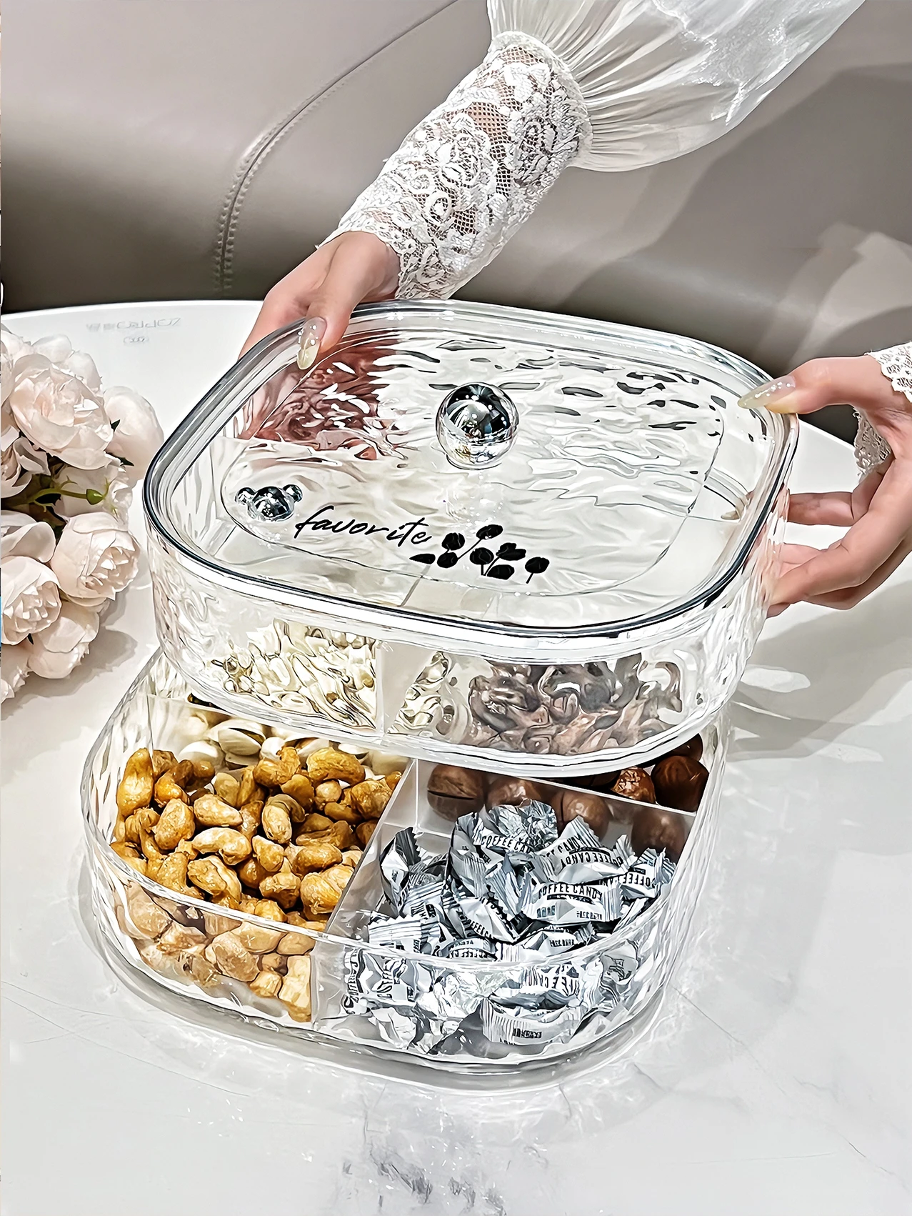 Luxury Sealed Fruit Tray Candy Box Snack Storage Box for Living Room Tea Table Plastic Geometric Pattern Dry Fruit Container