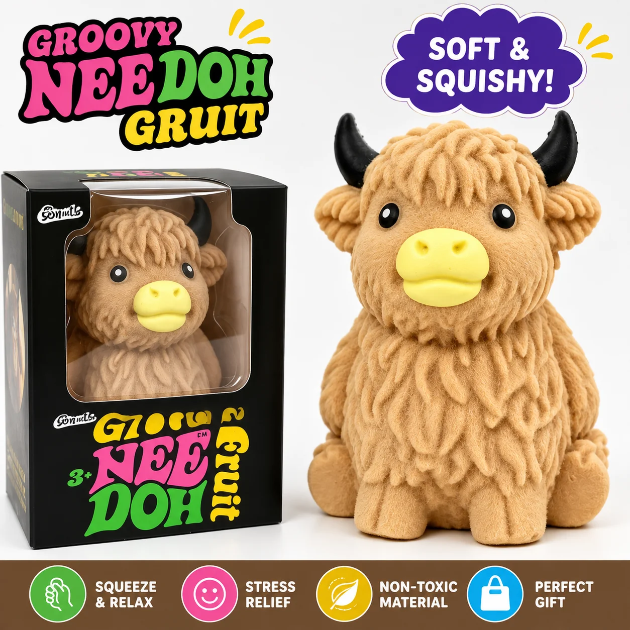 NeeDoh Scottish Highland Cow Squishy Slow Rebound Anxiety Relief Fidget Toy, NeeDoh Squishy Toy,Juegos Para,Cheese Squishy