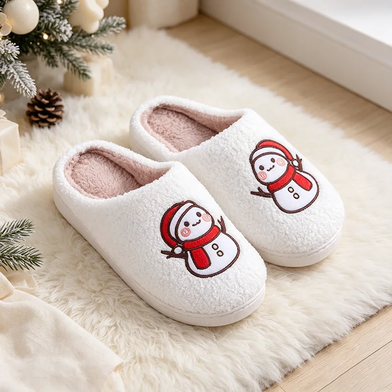 Christmas Plush Women Slippers Home Cute Snowman Tree Holiday New Winter Fluffy Shoes Couple House Fuzzy Fur Slides Unisex Gifts