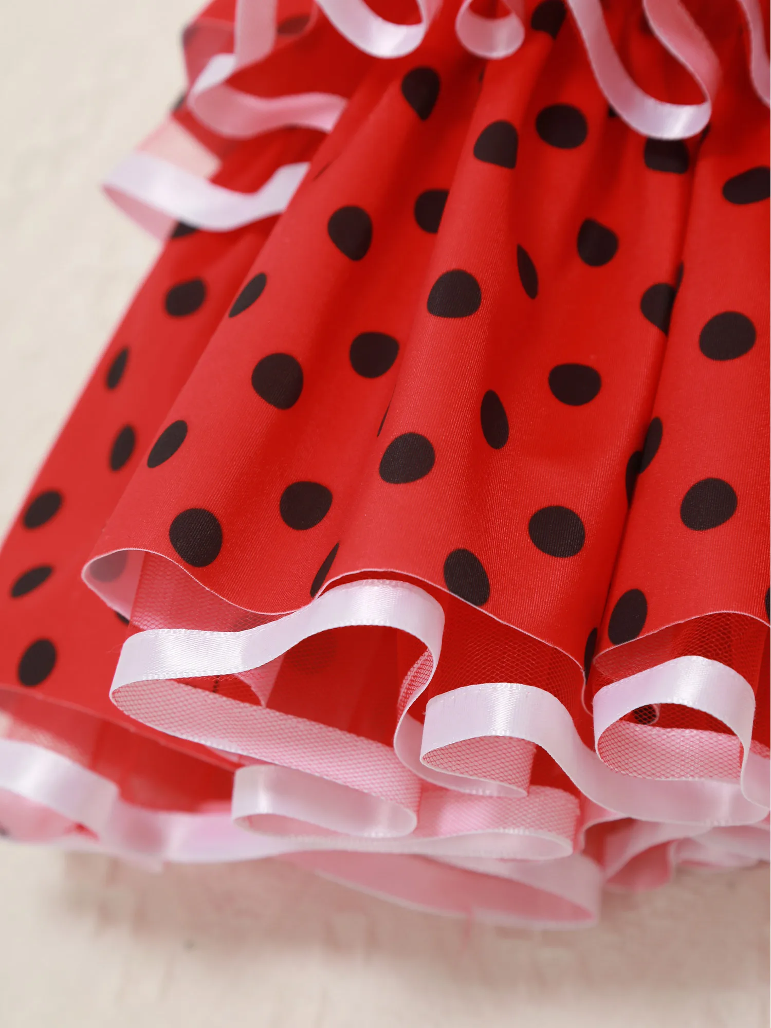 6M-5 Girls Flamenco Costume Spanish Polka Dot Cake Dress Cute V-neck Tassel Mesh Layered Spain Dance Party Performance Gown