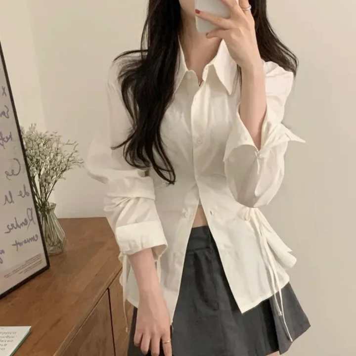 

Slimming Long Sleeve Shirt Women's Chic Spring Summer Belted Waist Design Single Button Turn-down Collar Simple Color