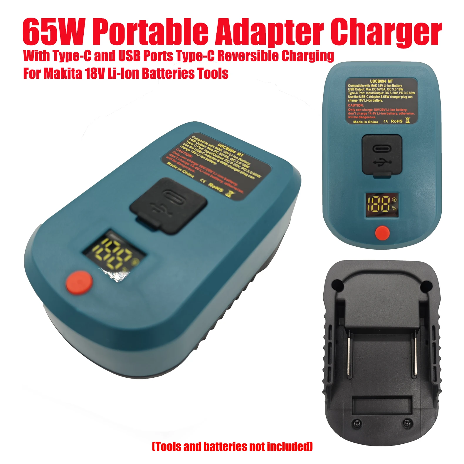 

HAKSINKY 65W Portable Adapter Charger Type-C Reversible Charging for Makita 18V Li-Ion Batteries Tools with Type-C and USB Ports