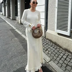 Elegant White Knitted Wedding Guest Dress Woman Ruffle Flare Long Sleeve Backless Lace Up Lacework Fishtail Vacation Sundress