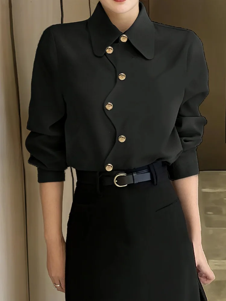 

Yeezzi Women's Gold Buttons Black Lapel Shirts Long Sleeves Loose Fashion Casual Office Lady Commute Blouses