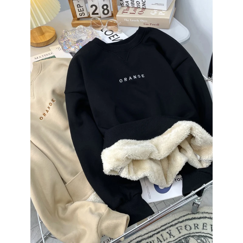 

O-Neck Lambswool Thermal Pullovers Female Korean Style Fleece Letter Embroidery Chic Sweatshirts Fall Winter Thick Warm T-Shirt