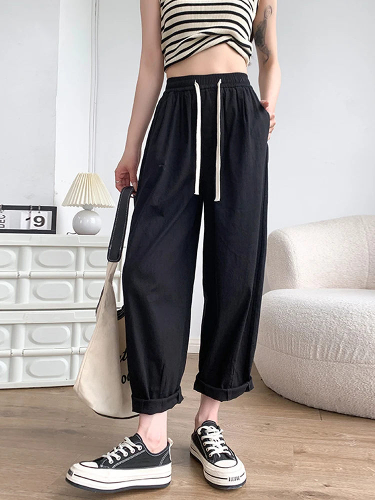 Gray Cotton Line Capri Pants for Women 2024 Summer Loose High Waist Harem Cargo Pants  Women's Baggy Trousers Sweatpants Jogger