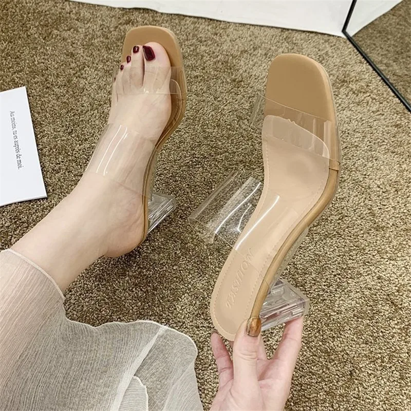 Summer High Heel Sandals Women Fashion Comfort Set Foot Transparent Heel Sandals Outdoor Square Head Open Toe Slip-On Slipper