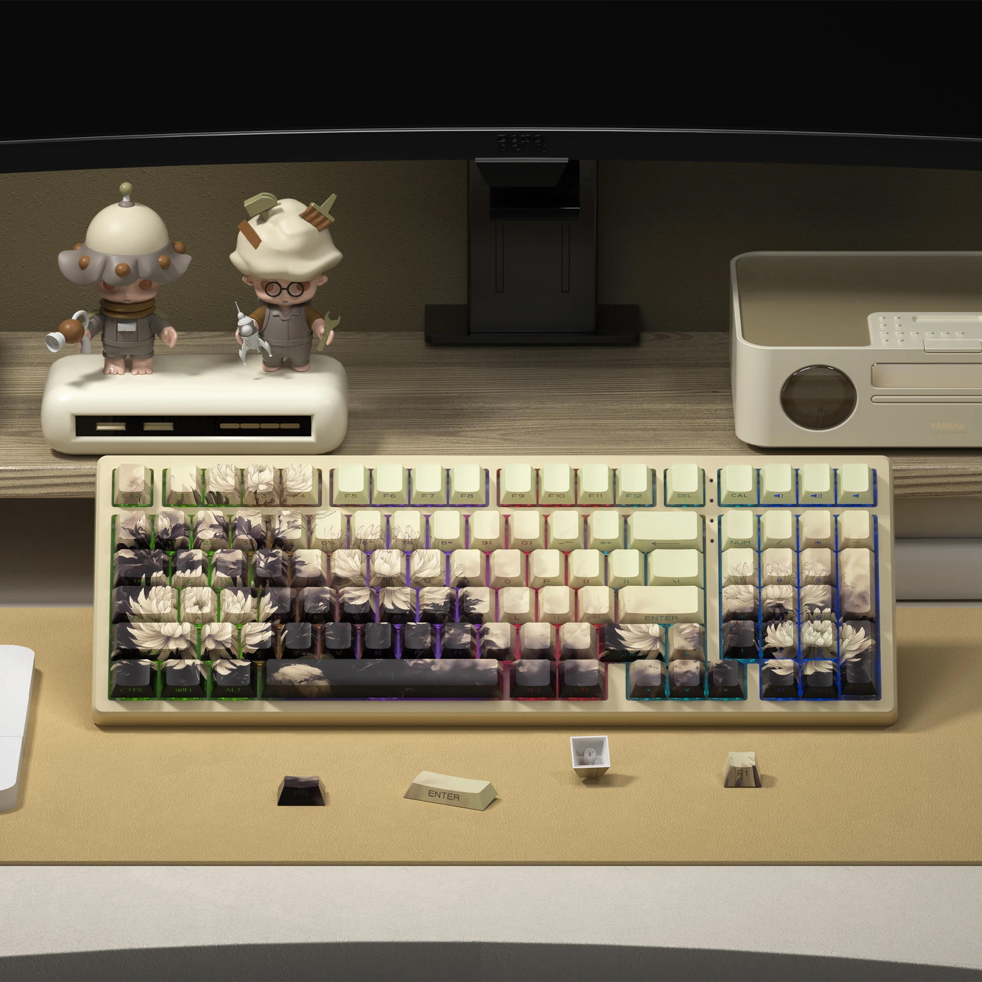 XVX Chrysanthemum Theme Chinese style keycap Double Shot Side Print Keycaps Shine Through  Brown keycap Cherry Profile 131 Keys