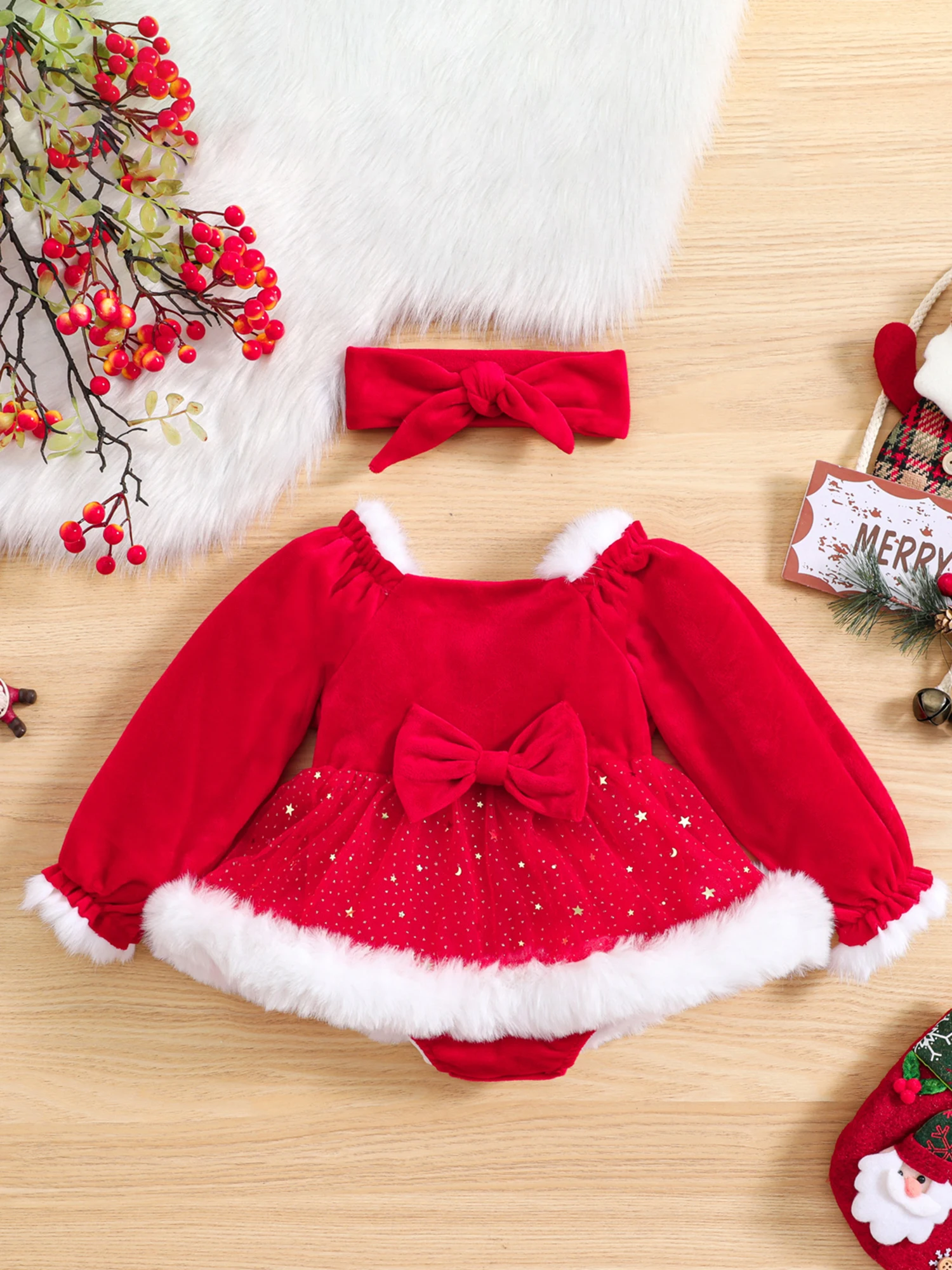 

Infant Girls 3Pcs Winter Holiday Ensemble Cozy Fleece Jumpsuit with Hat Set Toddler Xmas Costume Outfit Clothes