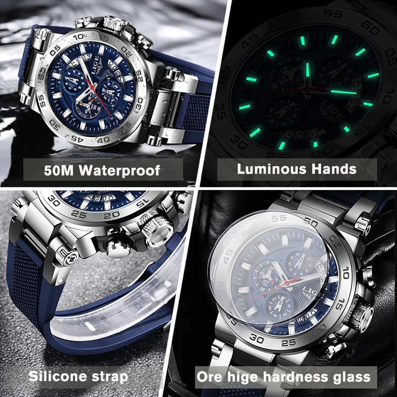 LIGE Fashion Man Watch Silicone Strap Military Sport Quartz Wristwatches Waterproof Chronograph Men\'s Watch Luminous Male Clock