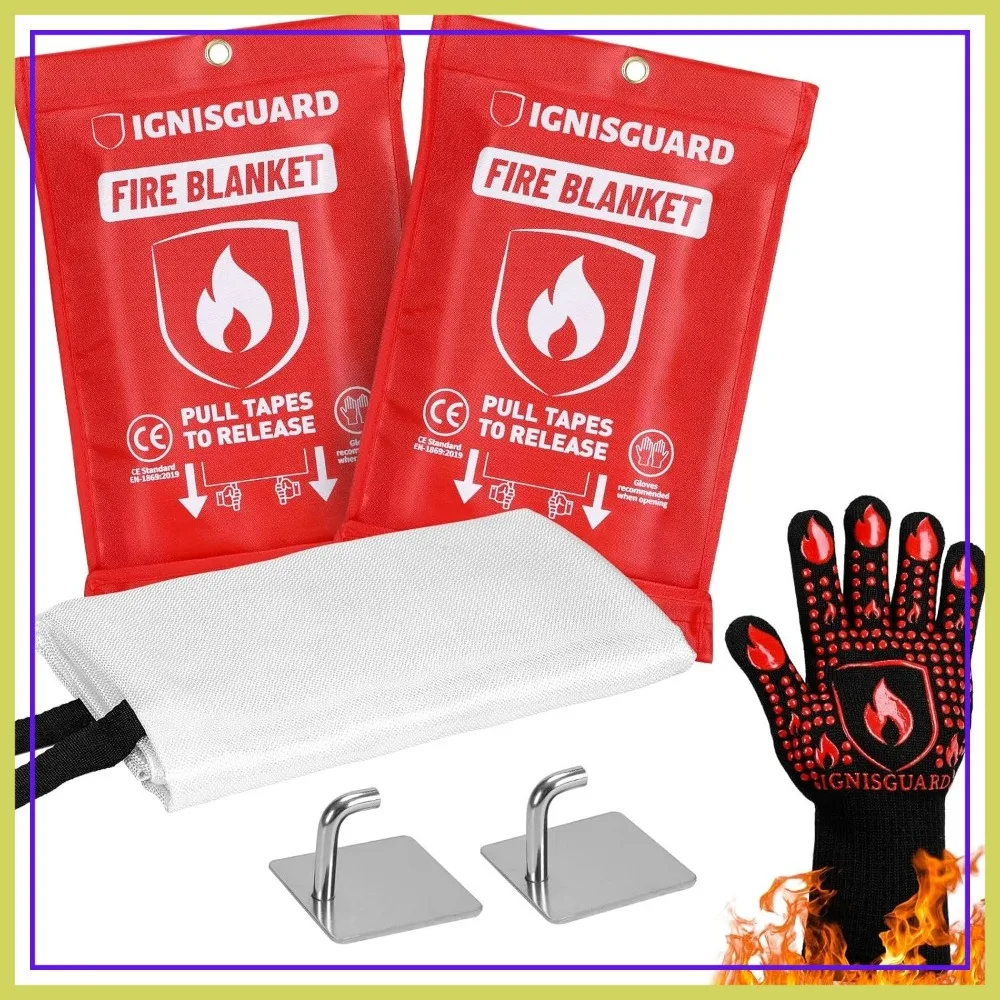 

2-Pack Fire Blanket for Home Kitchen, 1 Glove & 2 Hooks, Emergency Safety Suppressant Kit
