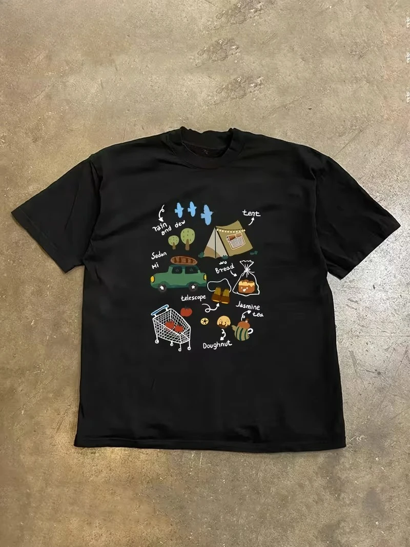Cute Camping Adventure Doodle Graphic T-Shirt, Casual Crew Neck Short Sleeve Top for Men/Women, Summer Daily Fashion Tee
