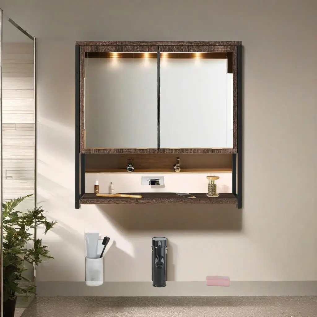 60x16x60 cm Brown Oak Bathroom Mirror Cabinet - Durable Engineered Wood Storage Solution