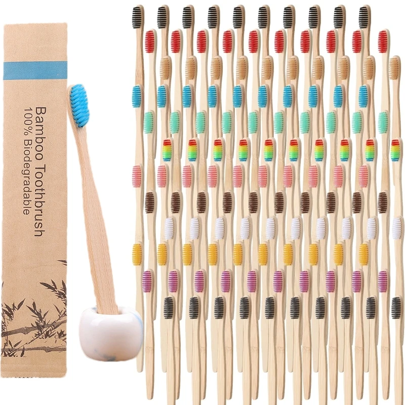 

100pcs Soft Bristles Natural Bamboo Toothbrushes Set Plastic-Free,Biodegradable Compostable Charcoal Wooden Toothbrush